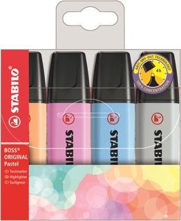 STABILO Textmarker BOSS® Original Pastel 4 Stück Keilspitze 2-5 mm farbig sortiert - sanftes Orange, himmlisches Blau, frische Fuchsie, seidengrau