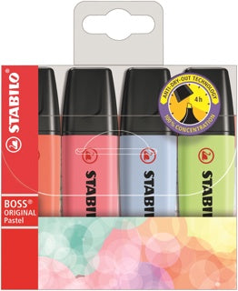 STABILO Textmarker BOSS® Original Pastel 4 Stück Keilspitze 2-5 mm farbig sortiert - Korallrot, Kirschblütenrosa, Wolkenblau, Prise von Limette