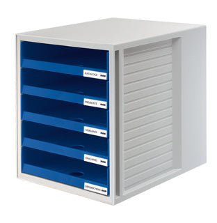 HAN Schubladenbox DIN A4/C4 5 Schubladen inkl. Beschriftungsclips lichtgrau-blau