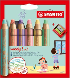 STABILO Buntstifte woody 3-in-1 Pastell 6 Stück farbig sortiert
