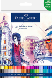FABER-CASTELL Aqua-Dualmarker Goldfaber 24 Stück mit Pinsel- und Finelinerspitze farbig sortiert