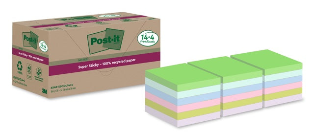 POST-IT® Haftnotizen Super Sticky Recycling 654SSCOL 18 Blöcke à 70 Blatt 76 x 76 mm sortiert