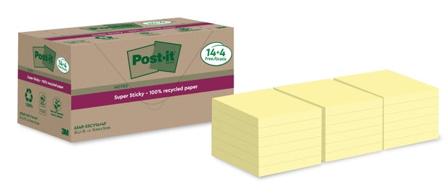 POST-IT® Haftnotizen Super Sticky Recycling 654RSSCY 18 Blöcke à 70 Blatt 76 x 76 mm gelb