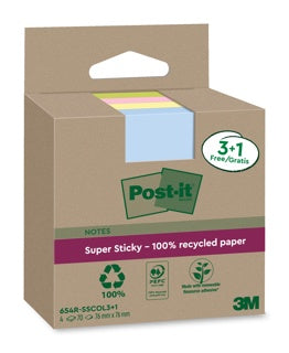 POST-IT® Haftnotizen Super Sticky Recycling 654SSCOL 4 Blöcke à 70 Blatt 76 x 76 mm sortiert
