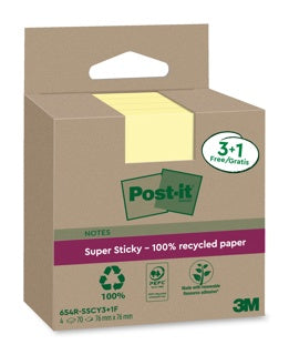 POST-IT® Haftnotizen Super Sticky Recycling 654RSSCY 4 Blöcke à 70 Blatt 76 x 76 mm gelb