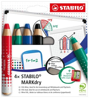 STABILO MARKdry Whiteboardmarker-Set inkl. Abwischtuch + Spitzer 648/4-5 4 Stück farbig sortiert