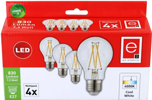 LED Lampe Filament E27 A60 4 Stück 7.3 W kühles weiß