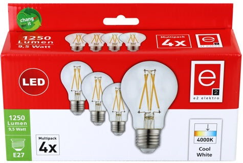 LED Lampe Filament E27 A60 4 Stück 9.5 W kühles weiß