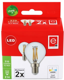 LED Lampe Tropfen Filament E14 P45 2 Stück 4.2 W kühles weiß