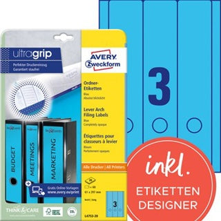 AVERY ZWECKFORM Ordneretiketten ultragrip L4753-20 60 Stück breit/lang premanent 61 x 297 mm blau