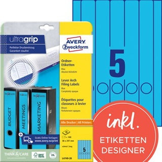 AVERY ZWECKFORM Ordneretiketten ultragrip L4749-20 100 Stück schmal/lang permanent 38 x 297 mm blau