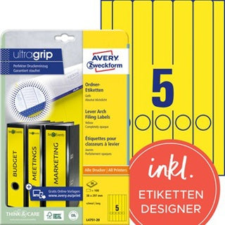 AVERY ZWECKFORM Ordneretiketten ultragrip L4751-20 100 Stück schmal/lang permanent 38 x 297 mm gelb