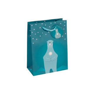 SIGEL Geschenktasche Eisbär mit Kerze Gr. S mit Griff und Anhänger petrolblau/weiß