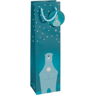 SIGEL Flaschen-Geschenktasche Eisbär mit Kerze mit Griff und Anhänger petrolblau/weiß