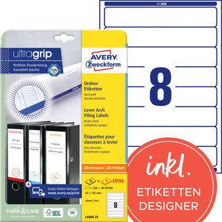 AVERY ZWECKFORM Ordneretiketten ultragrip L6060-25 240 Stück schmal/kurz permanent 34 x 192 mm weiß