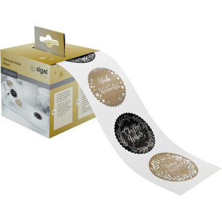 SIGEL Stickerrolle Christmas Lettering 200 Sticker selbstklebend mit Silberdruck gold/schwarz