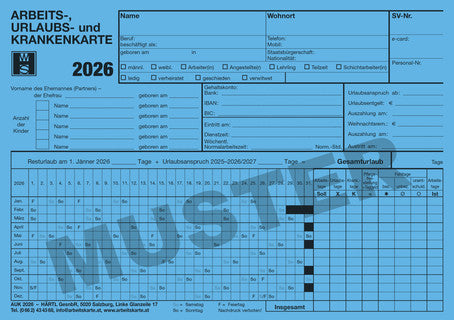 Arbeits-. Urlaubs- und Krankenkarte für 2026 DIN A5 quer blau
