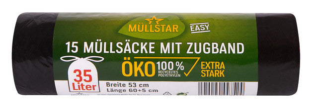 MÜLLSTAR Müllsäcke ÖKO extrastark mit Zugband 15 Stück 35 Liter 30 my schwarz