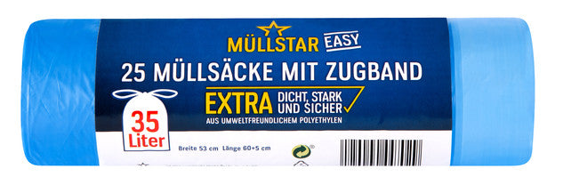 MÜLLSTAR Müllsäcke stark mit Zugband 25 Stück 35 Liter 15 my blau