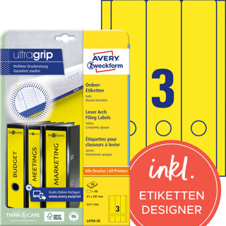 AVERY ZWECKFORM Ordneretiketten ultragrip L4755-20 60 Stück breit/lang permanent 61 x 297 mm gelb