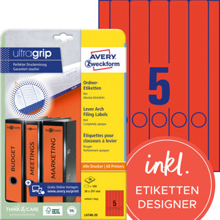 AVERY ZWECKFORM Ordneretiketten ultragrip L4748-20 100 Stück schmal/lang permanent 38 x 297 mm rot