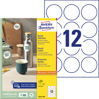 AVERY ZWECKFORM Organisationsetiketten L3416-100 1.200 Stück rund permanent Ø 60 mm weiß