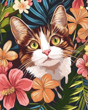 FiguredArt - Malen nach Zahlen - Katze mit tropischen Blumen - Auf Keilrahmen gespannt