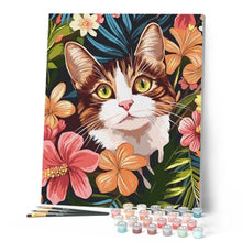 FiguredArt - Malen nach Zahlen - Katze mit tropischen Blumen - Auf Keilrahmen gespannt