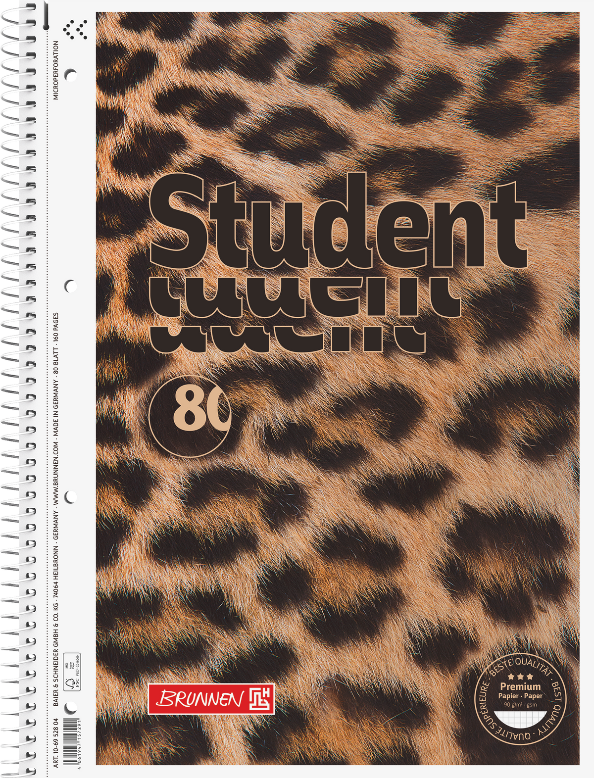 Brunnen - Collegeblock Premium Student „Leopard“ - A4, kariert, 80 Blatt, braun/schwarz