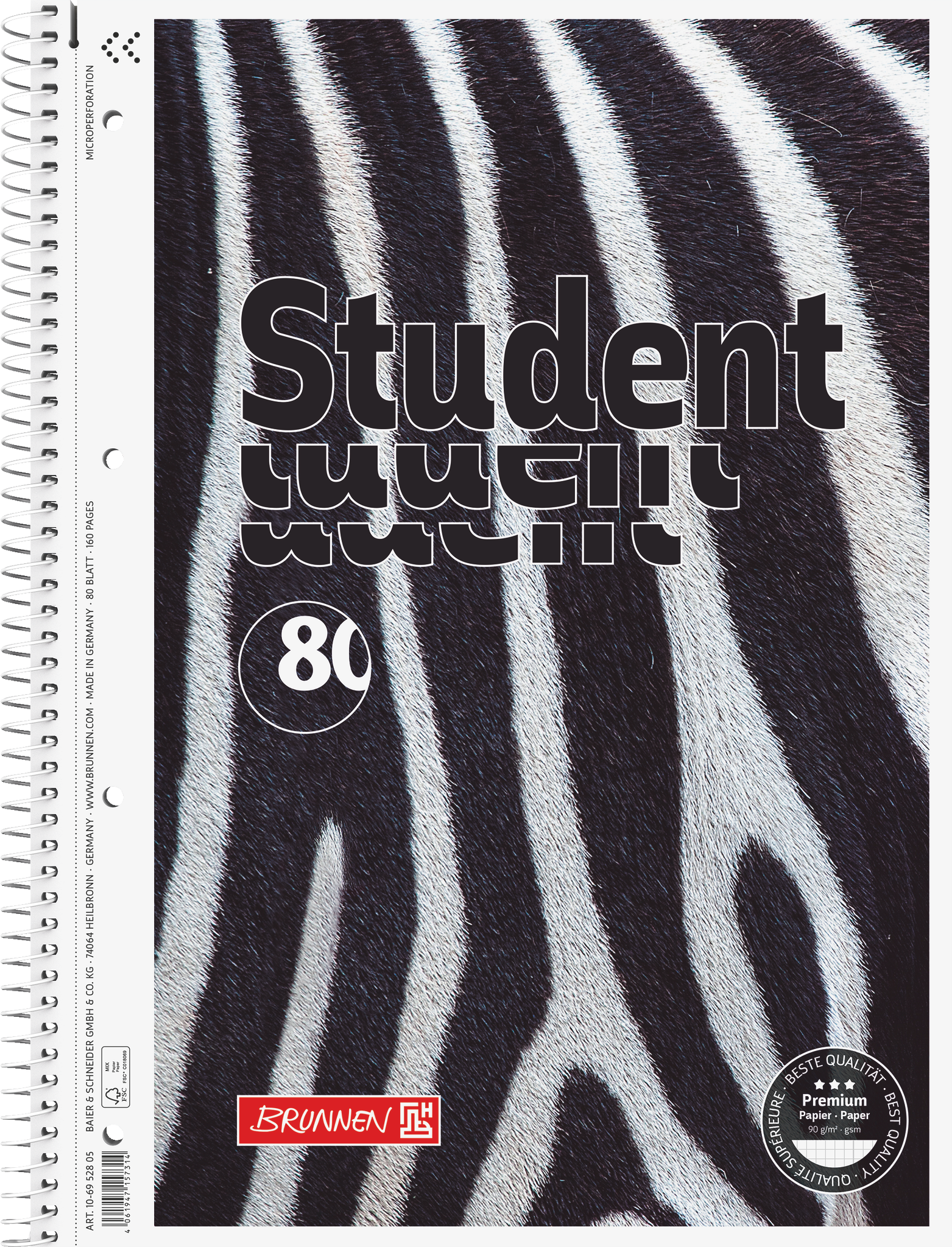 Brunnen - Collegeblock Premium Student „Zebra“ - A4, kariert, 80 Blatt, braun/schwarz (Kopie)